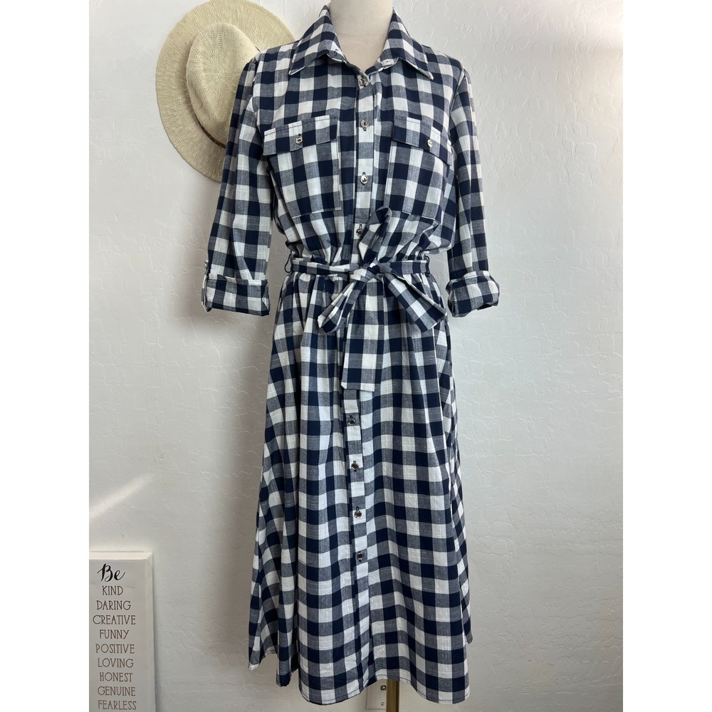 PerSeption Blue White Gingham Plaid Cotton Shirt Dress Womens Size S Western
